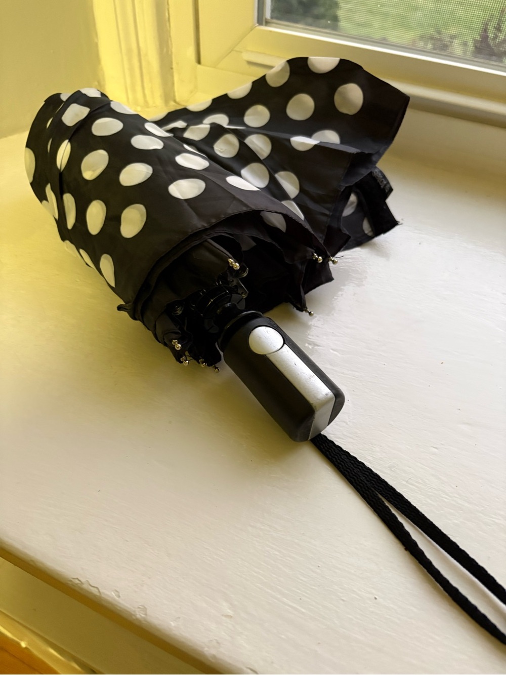 totes Black Umbrella with White Polka Dots